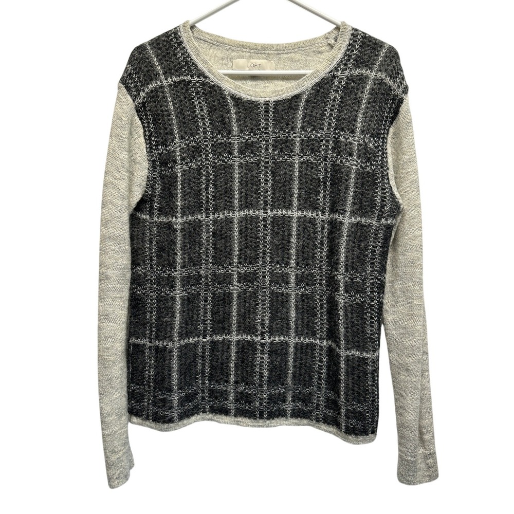 Ann Taylor Loft Womens Gray Plaid Windowpane Knit Pullover Sweater Size M Mohair